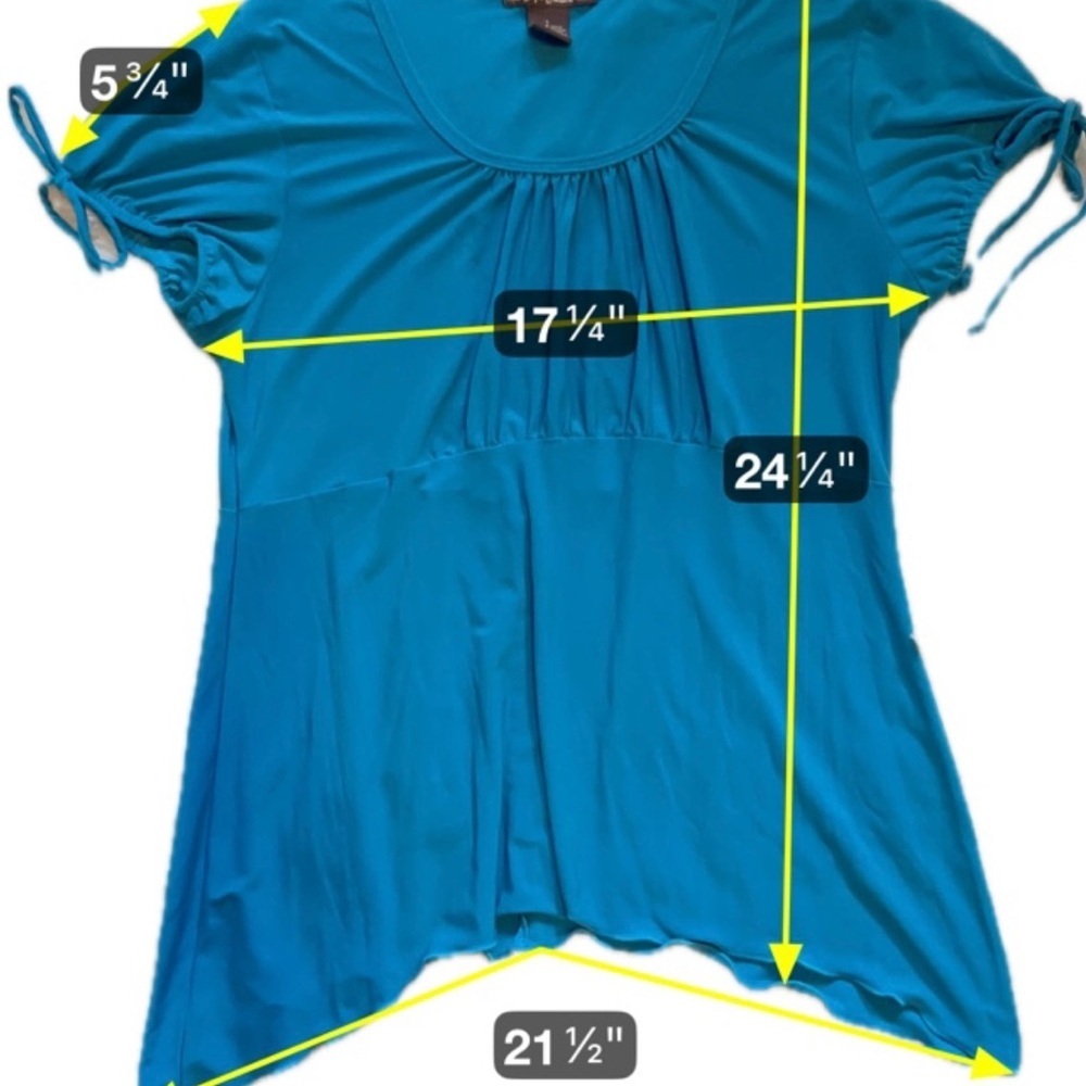 Teal Empire Waist Blouse Ruched Tie Sleeve Flowy Stretch Top Babydoll Large - Picture 5 of 8